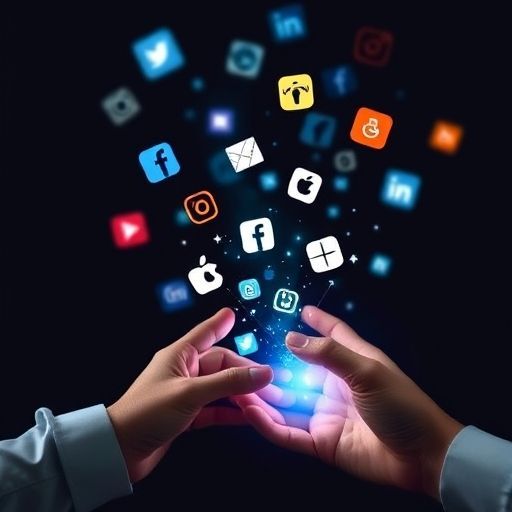 A pair of hands releasing glowing social media icons like Facebook, Instagram, LinkedIn, and Twitter into the air, representing the power of digital marketing, online engagement, and brand promotion through social media platforms.