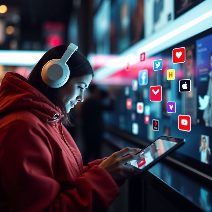 A young woman wearing headphones and a red hoodie uses a tablet surrounded by floating social media icons like Facebook, Instagram, Twitter, and YouTube, symbolizing digital marketing, online engagement, and social media strategy.