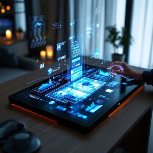 A futuristic digital interface with holographic charts and analytics on a touchscreen desk, symbolizing innovation, technology, and strategy by a freelance digital marketer in Calicut.