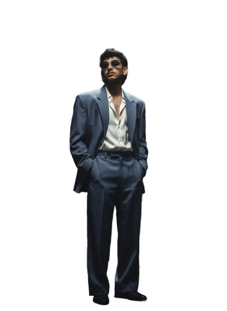A confident man wearing a stylish blue suit and white shirt with sunglasses, standing in a relaxed pose under soft light. He represents a modern and professional freelance digital marketer in Calicut.